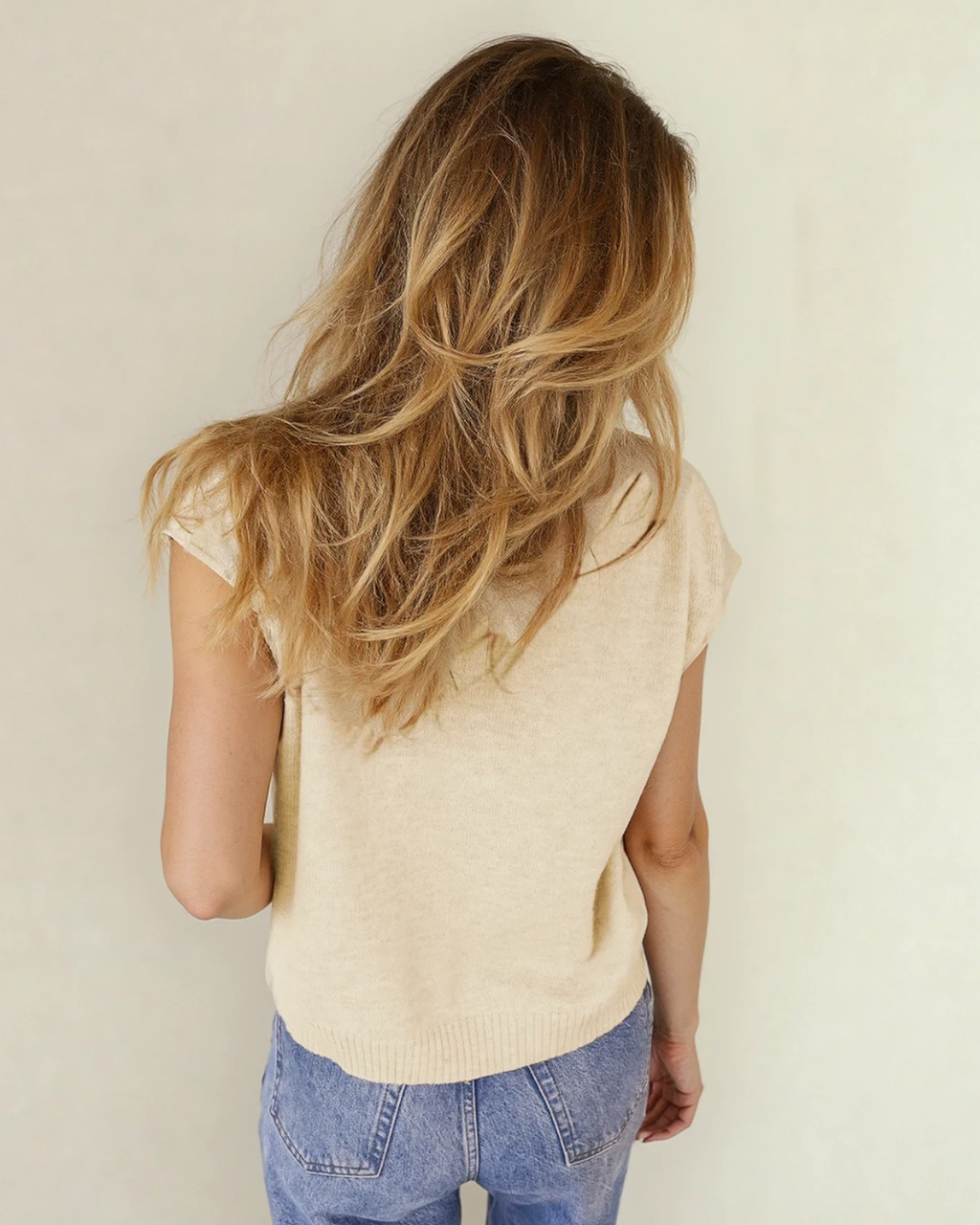 Kiara Buttoned Front Rolled Hem Cap Sleeve Sweater Top