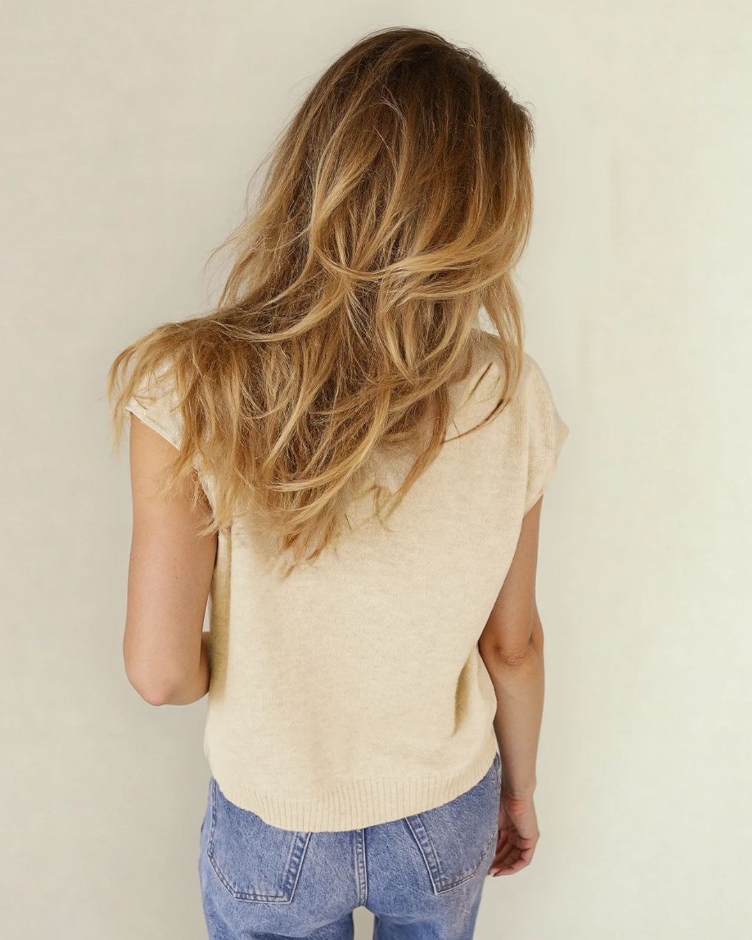 Kiara Buttoned Front Rolled Hem Cap Sleeve Sweater Top