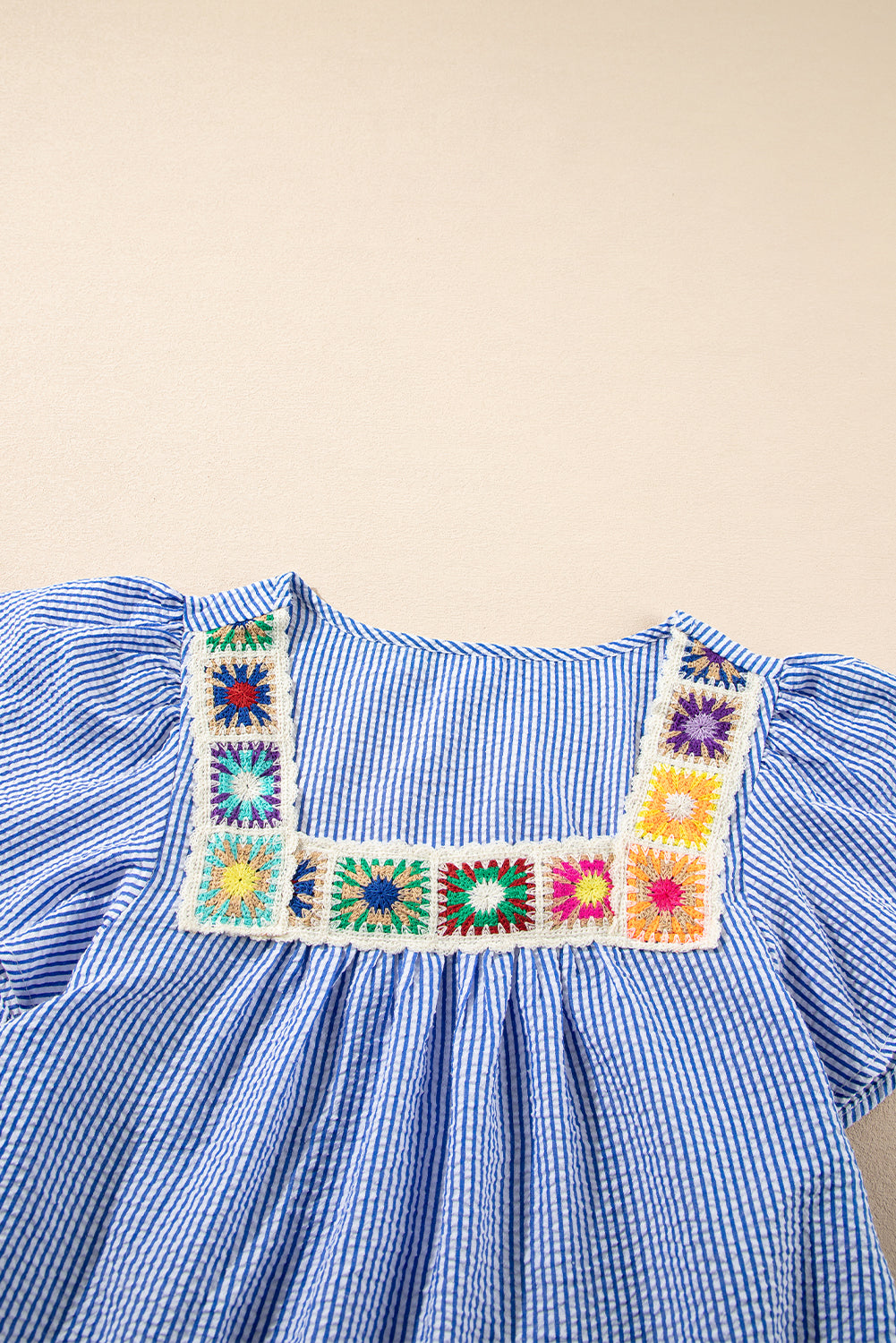 Stripe Crochet Square Neck Textured Ruffle Sleeve Blouse
