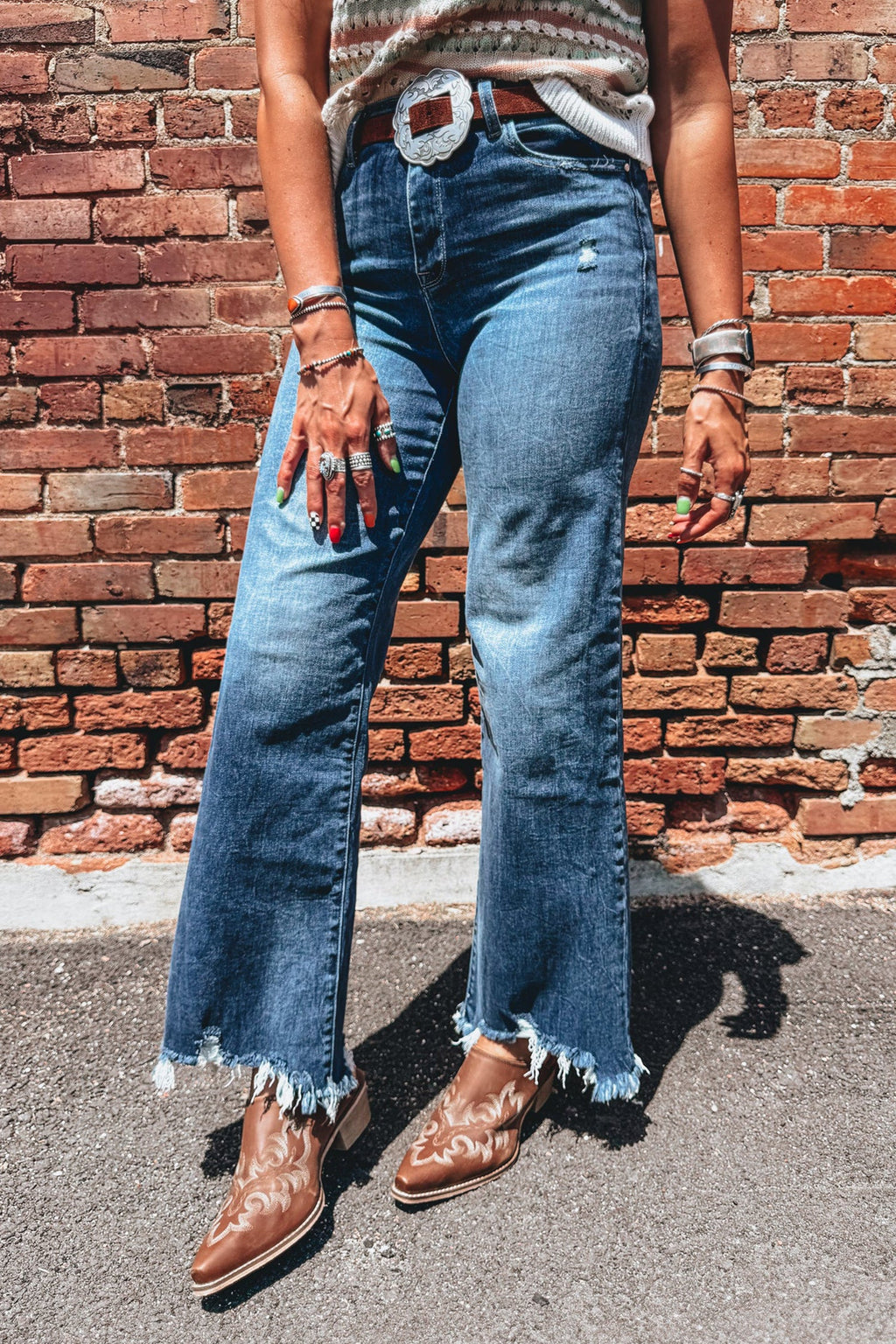 Denim High Waist Frayed Hem Flare Jeans