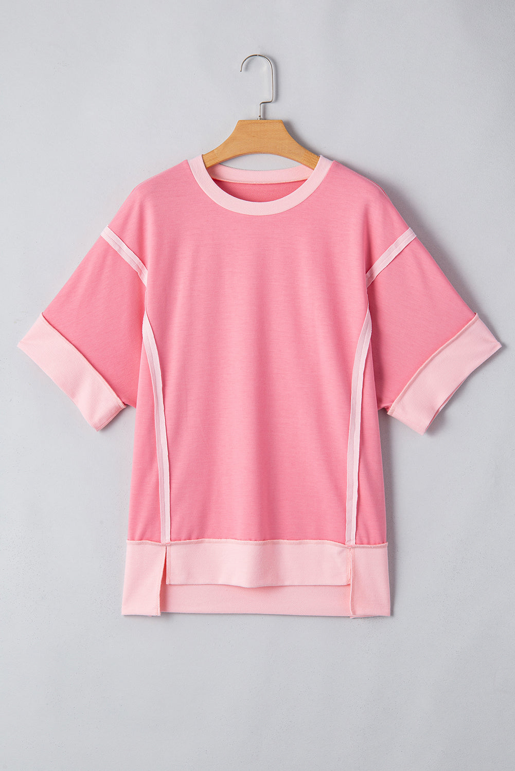 Colorblock 3/4 Sleeve Raw Seam High-Low Top