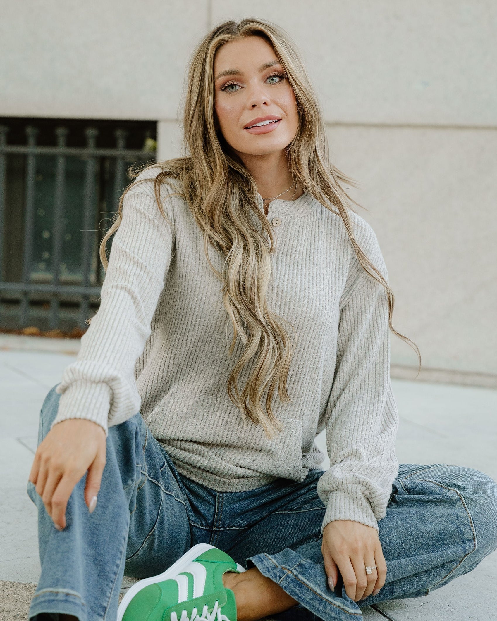 Addison Ribbed Texture Drop Shoulder Henley Knit Top