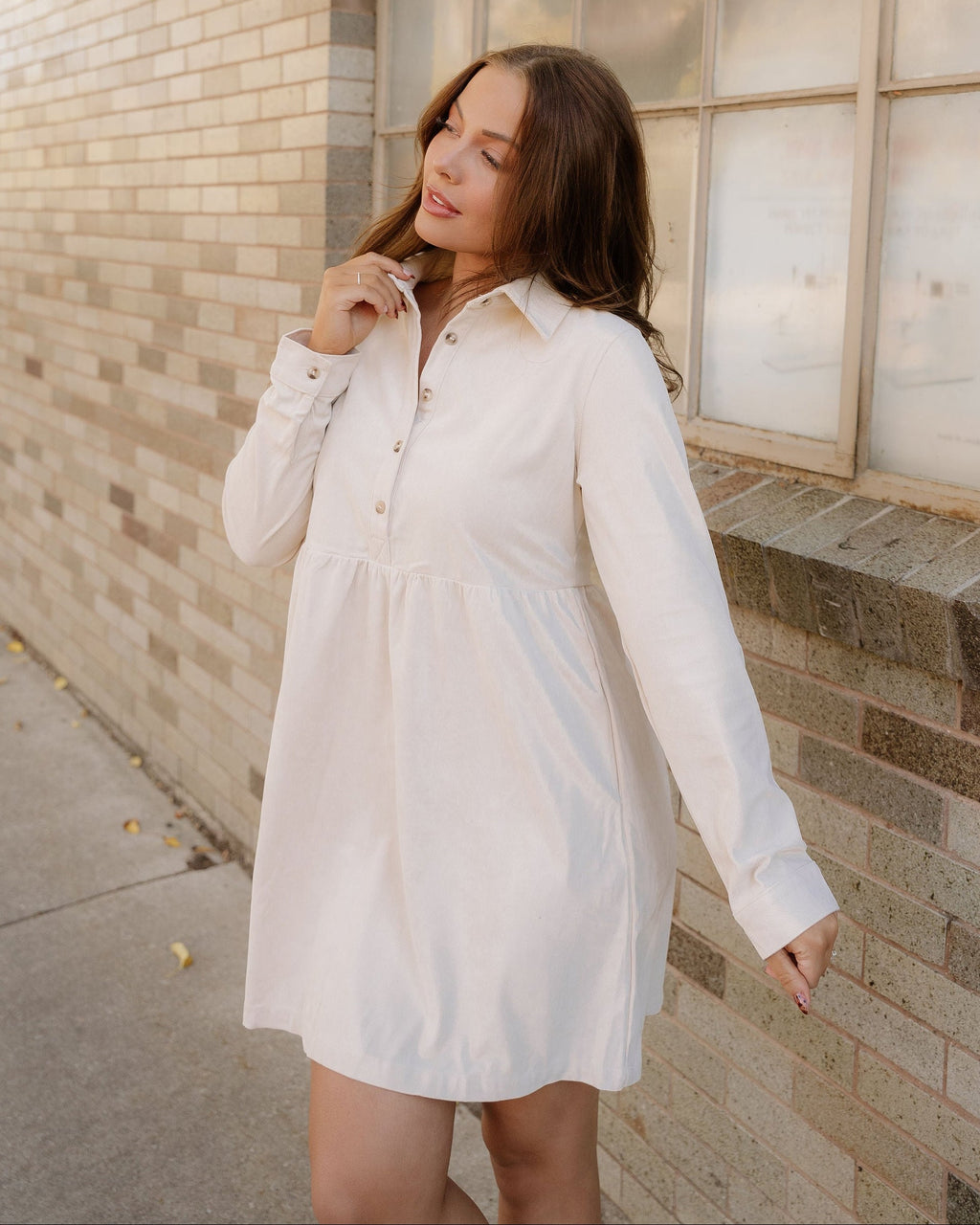Abigail Corduroy Half Button Collared Long Sleeve Dress - Oatmeal