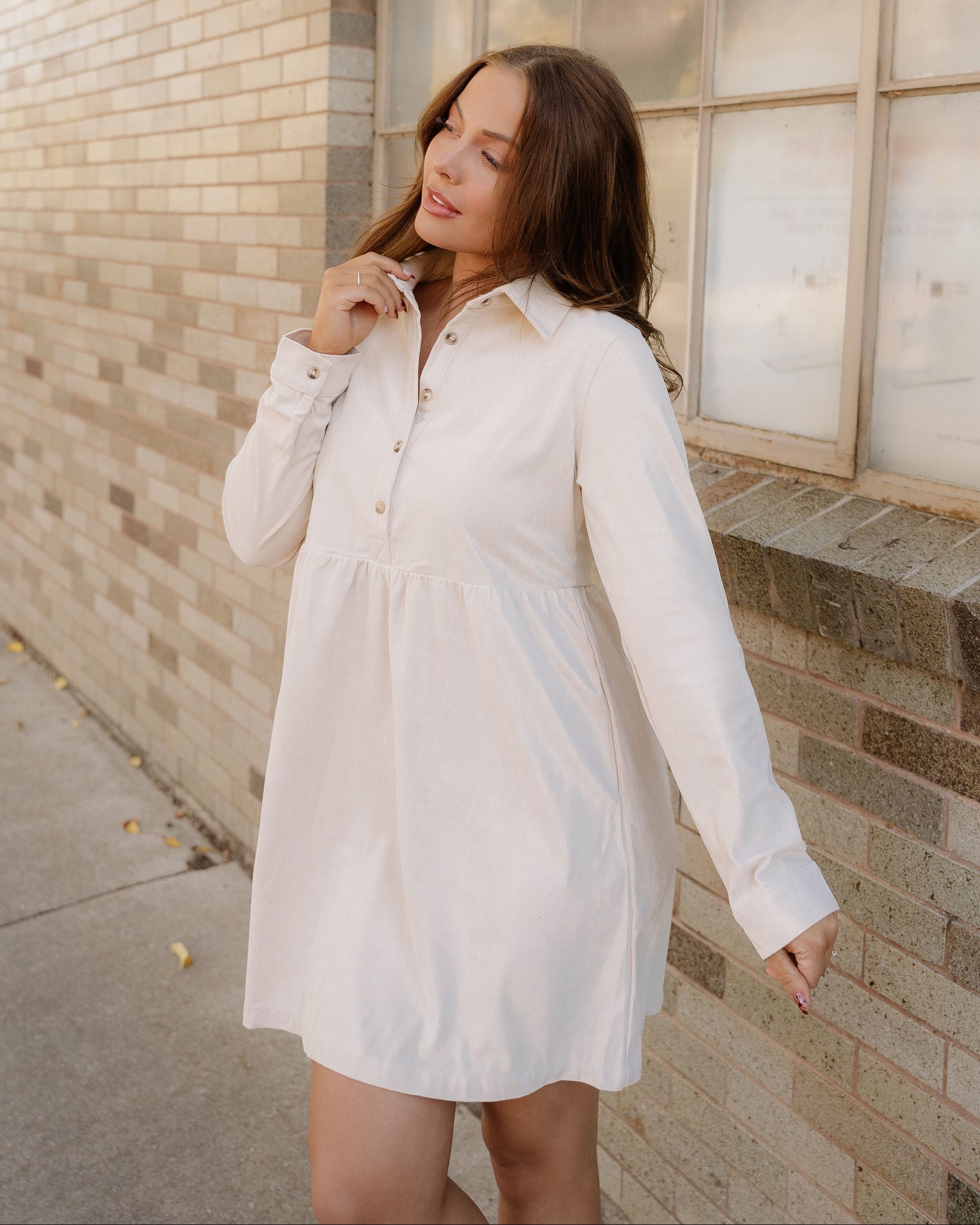 Abigail Corduroy Half Button Collared Long Sleeve Dress - Oatmeal