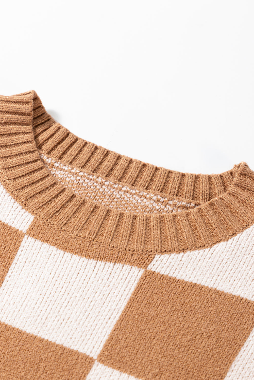 Checker Colorblock Ribbed Trim Sweater Knit Top