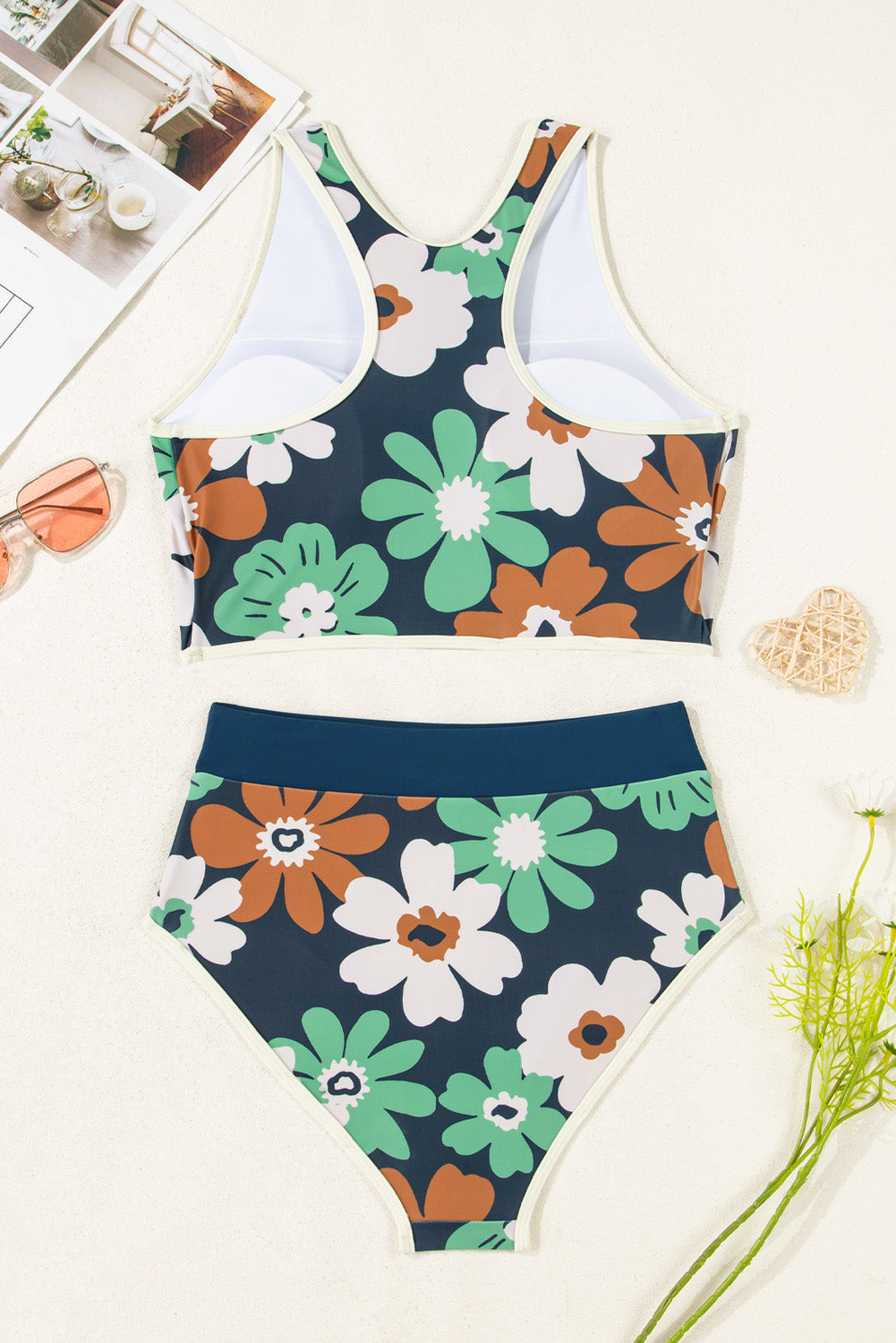 Flower Zip-Up Racerback Top & High Waist Bikini Set