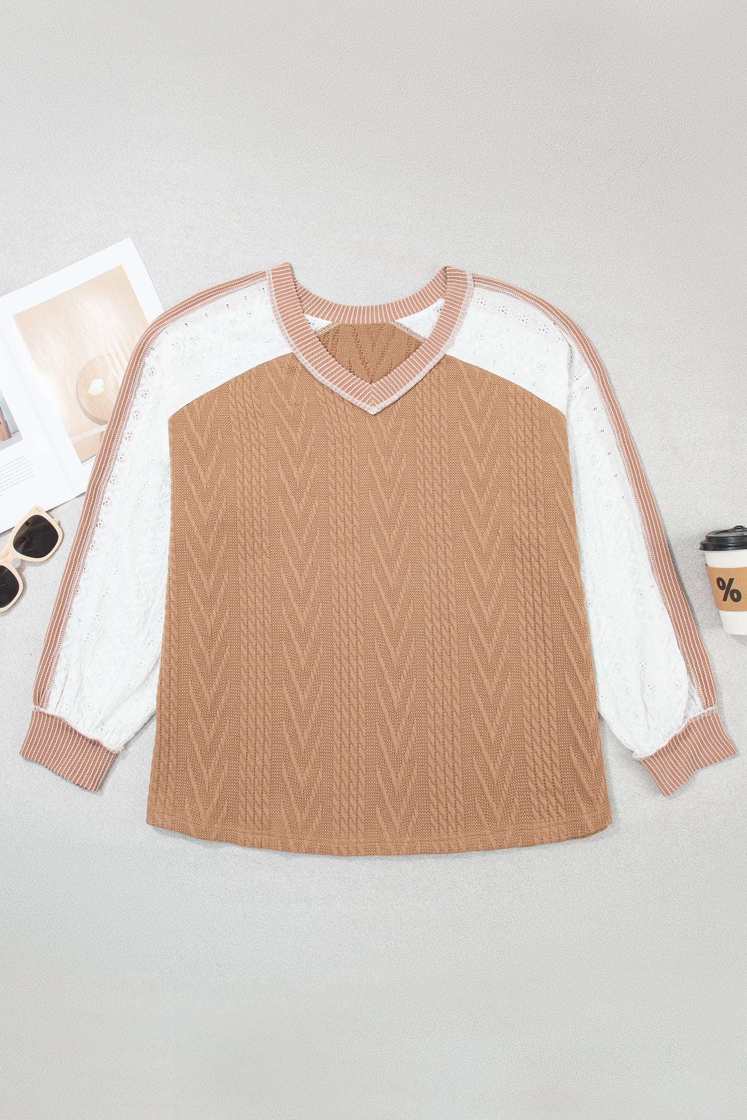 Plus Size Colorblock Lace Patchwork Long Sleeve Blouse