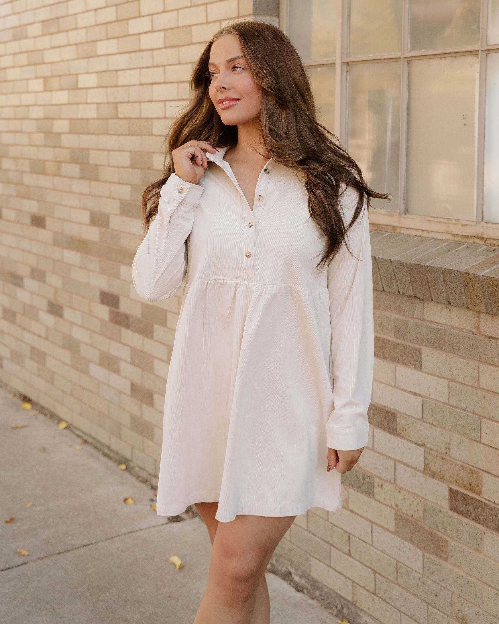 Abigail Corduroy Half Button Collared Long Sleeve Dress - Oatmeal