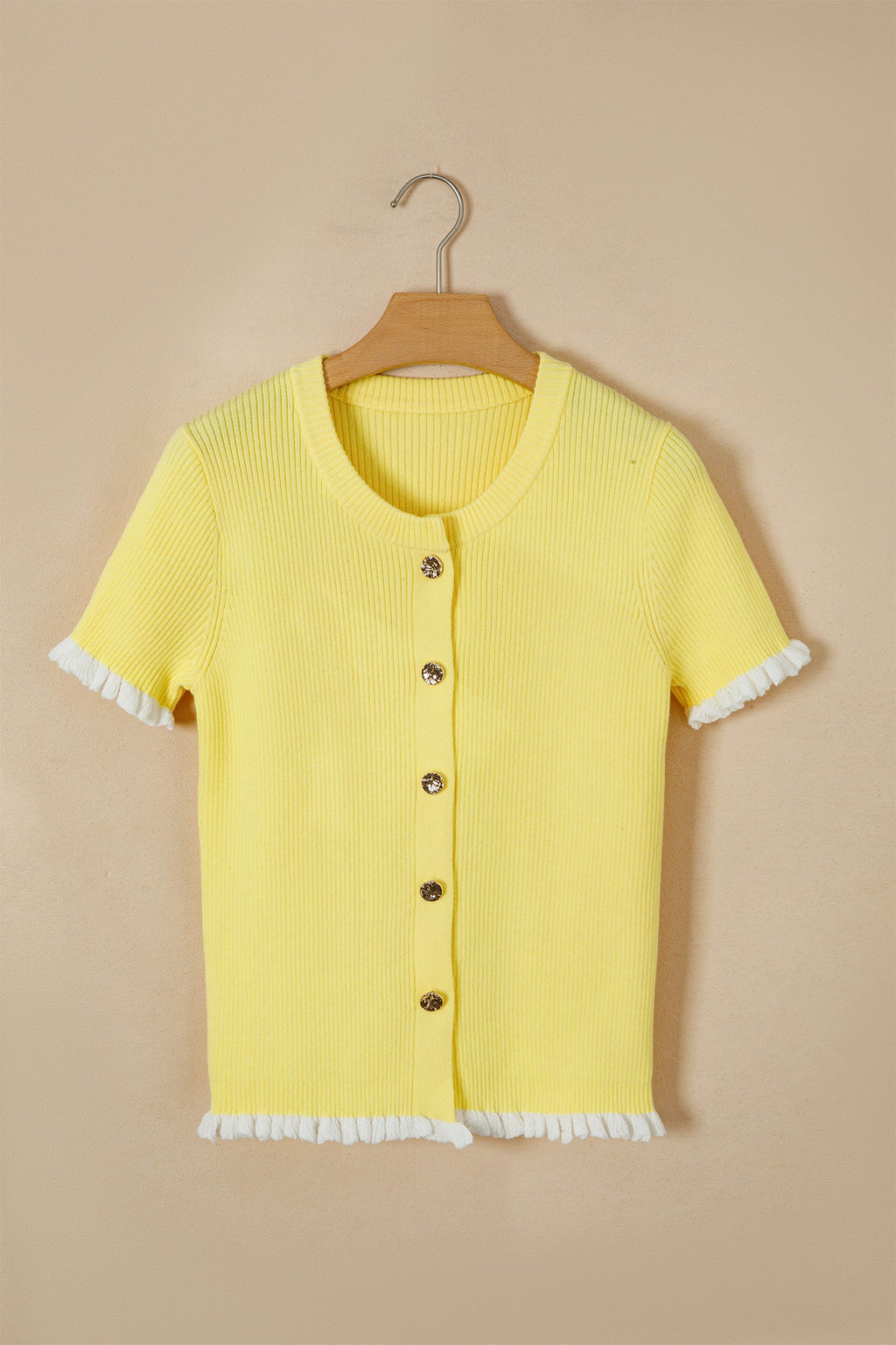 Solid Ribbed Frilled Short Sleeve Sweater Cardigan