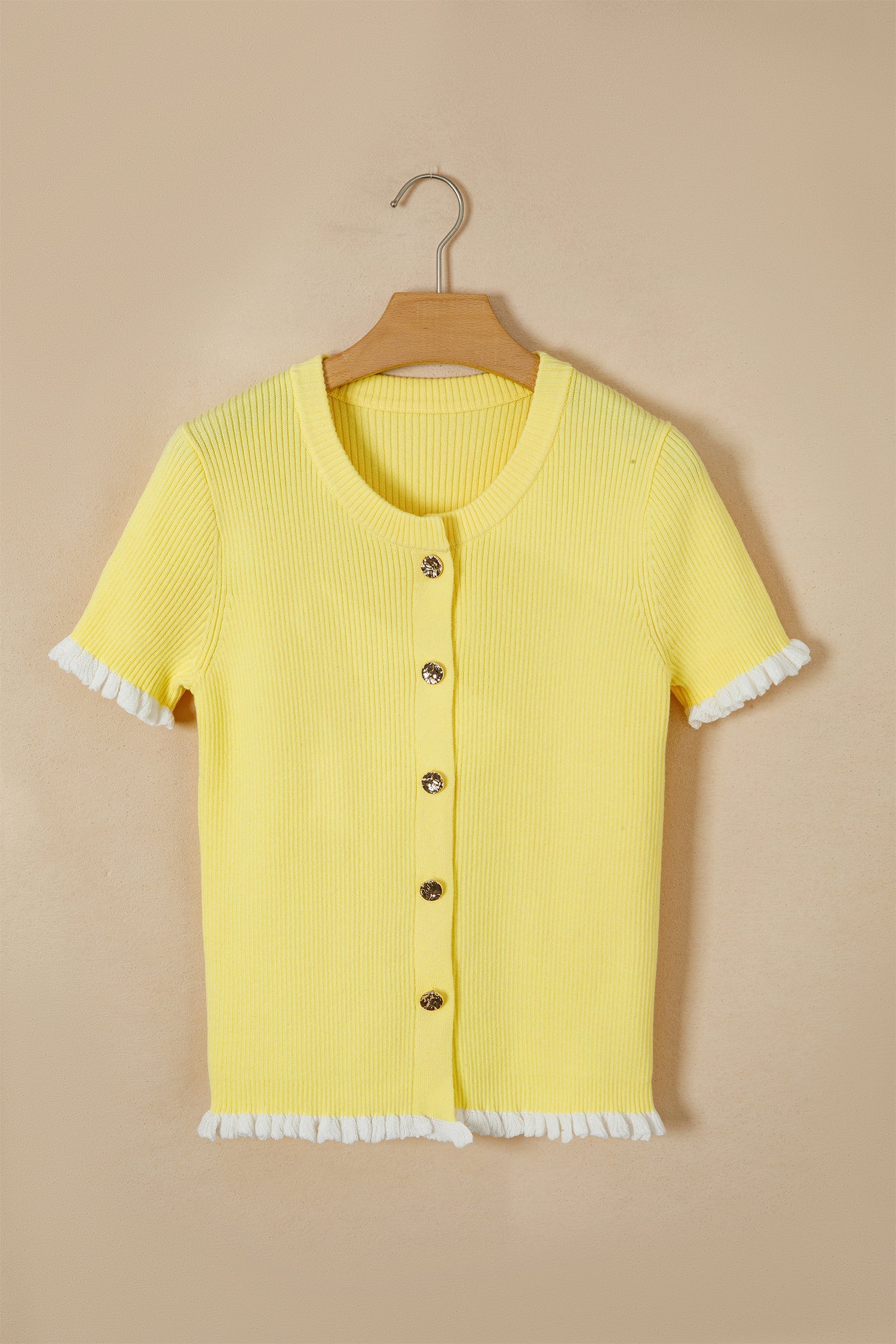 Solid Ribbed Frilled Short Sleeve Sweater Cardigan
