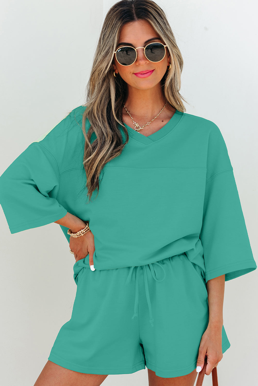 Solid Loose V-Neck Tee & Drawstring Shorts Set