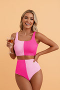 Colorblock Corded Top & High Waist Bikini Set