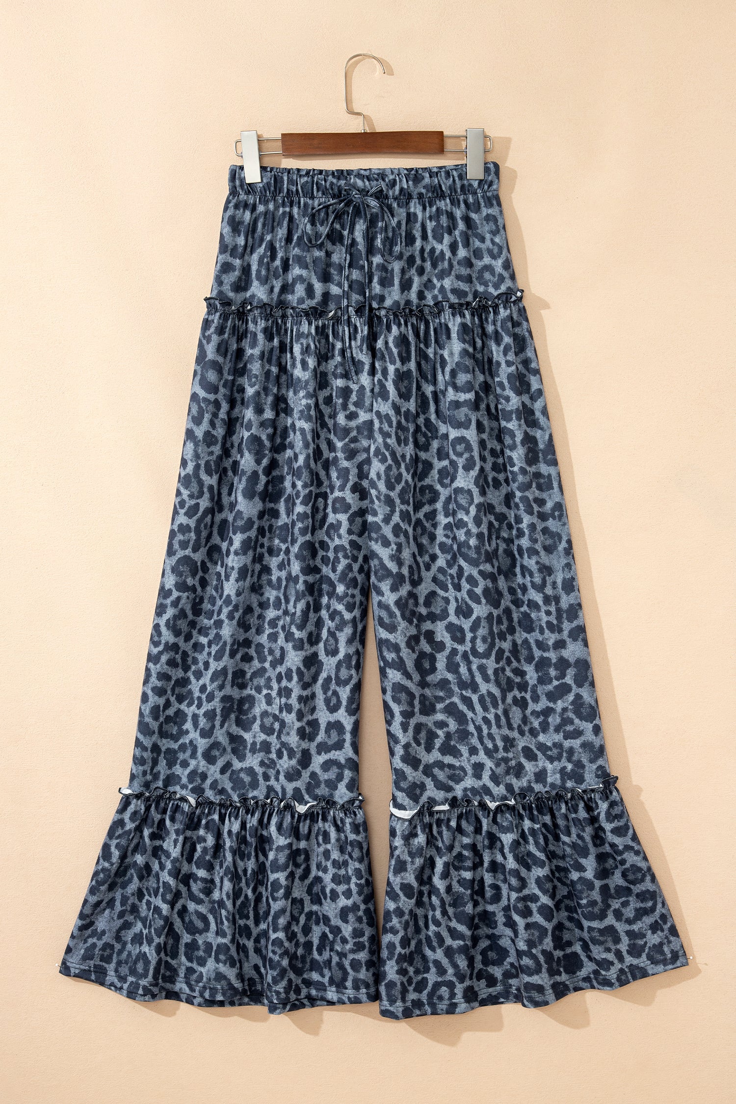Leopard Frilled Drawstring Waist Wide Leg Pants