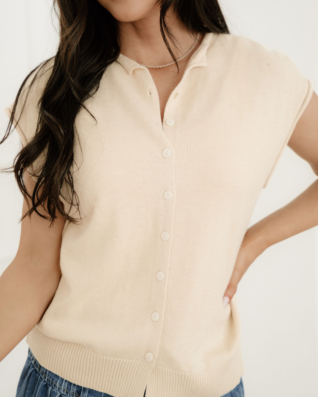 Kiara Buttoned Front Rolled Hem Cap Sleeve Sweater Top