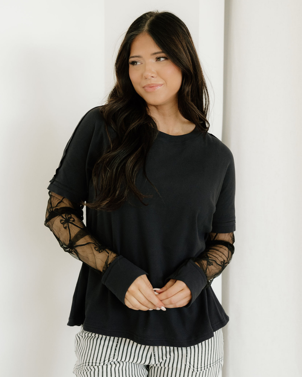 Lace Layered Long Sleeve Tee - Black