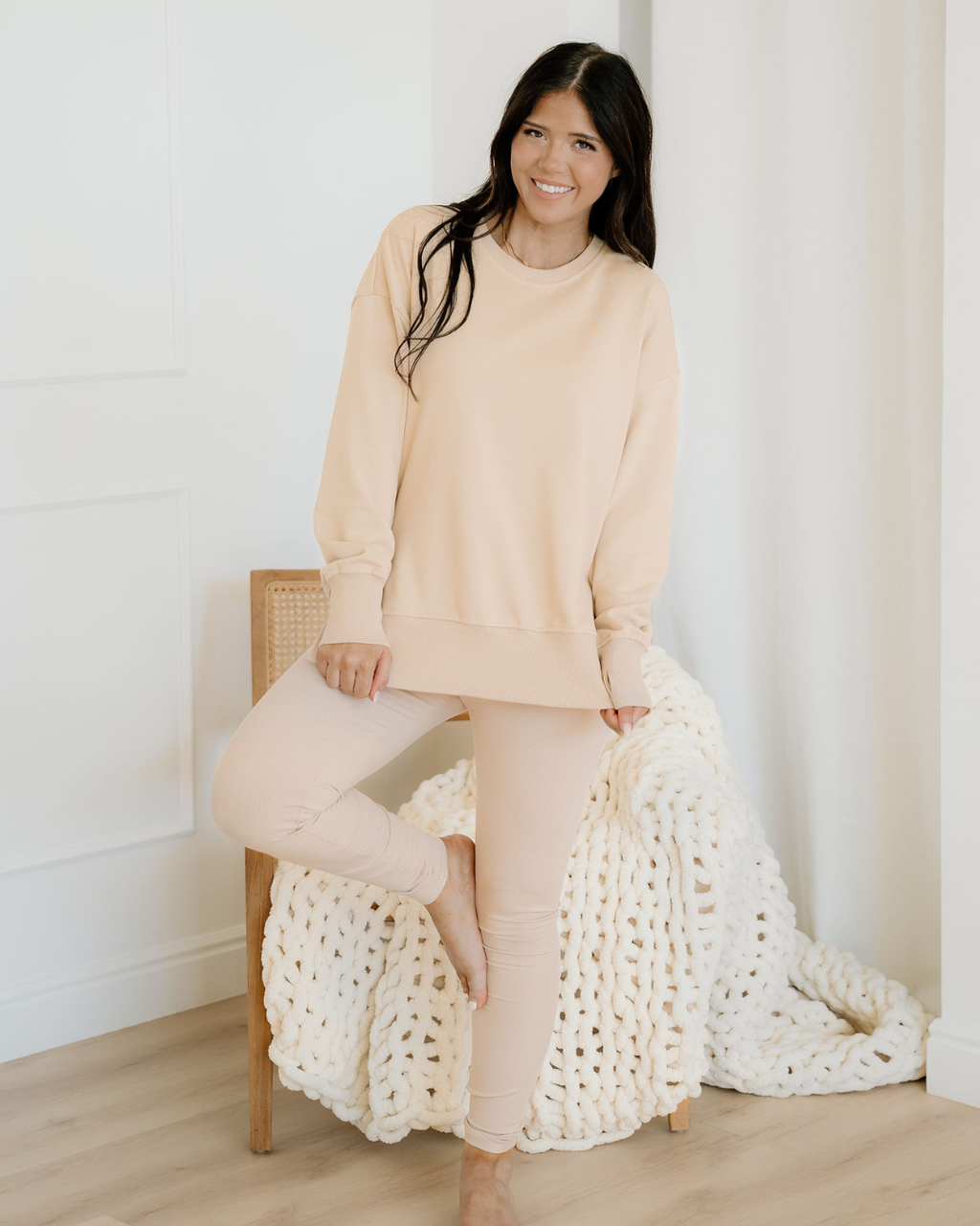 Remi Solid Color Oversize Slit Sweatshirt Ribbed Leggings 2pcs Set - Jet Stream