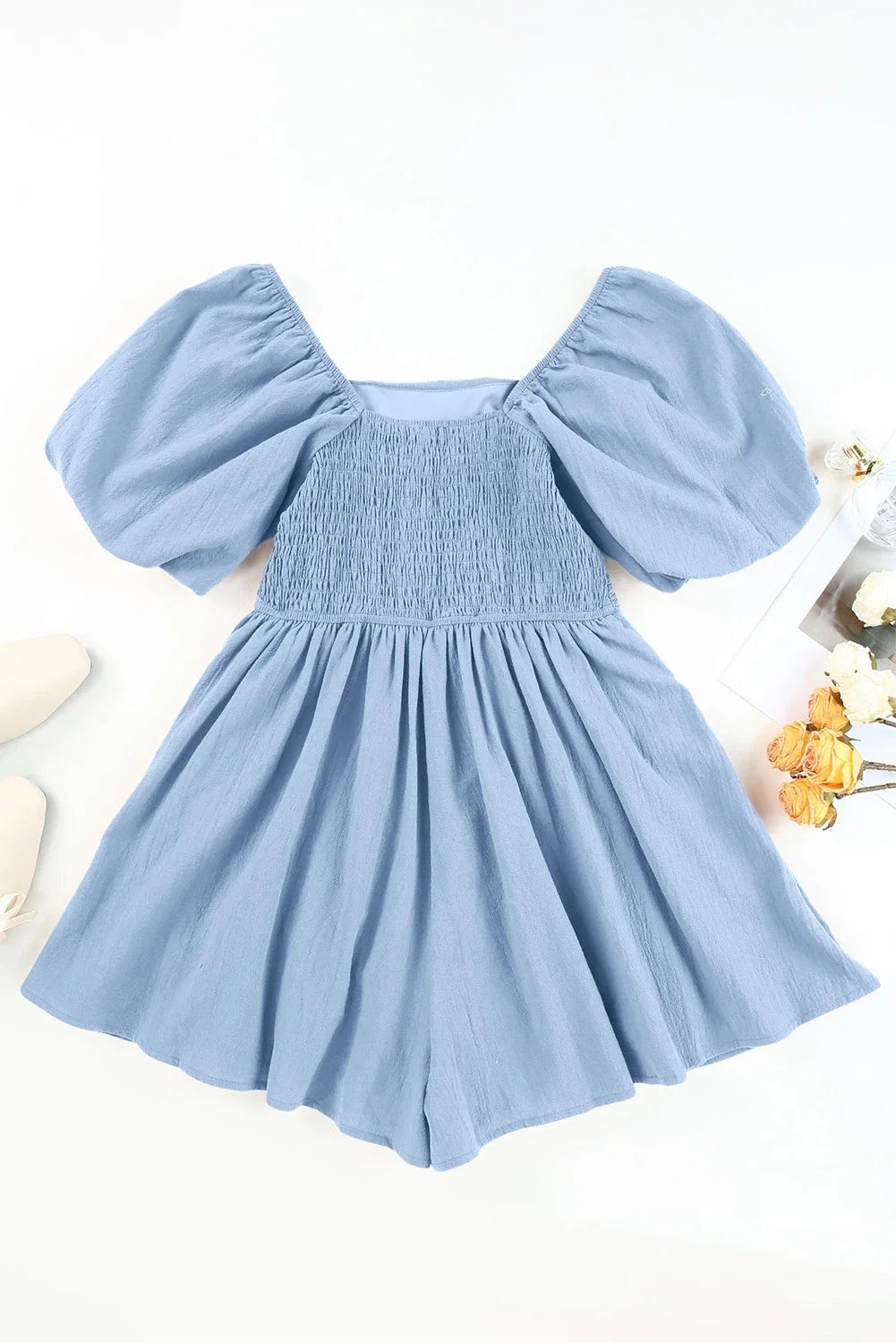 Solid Square Neck Ruched Puff Sleeve Romper
