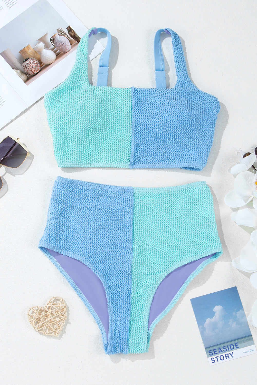 Colorblock Corded Top & High Waist Bikini Set