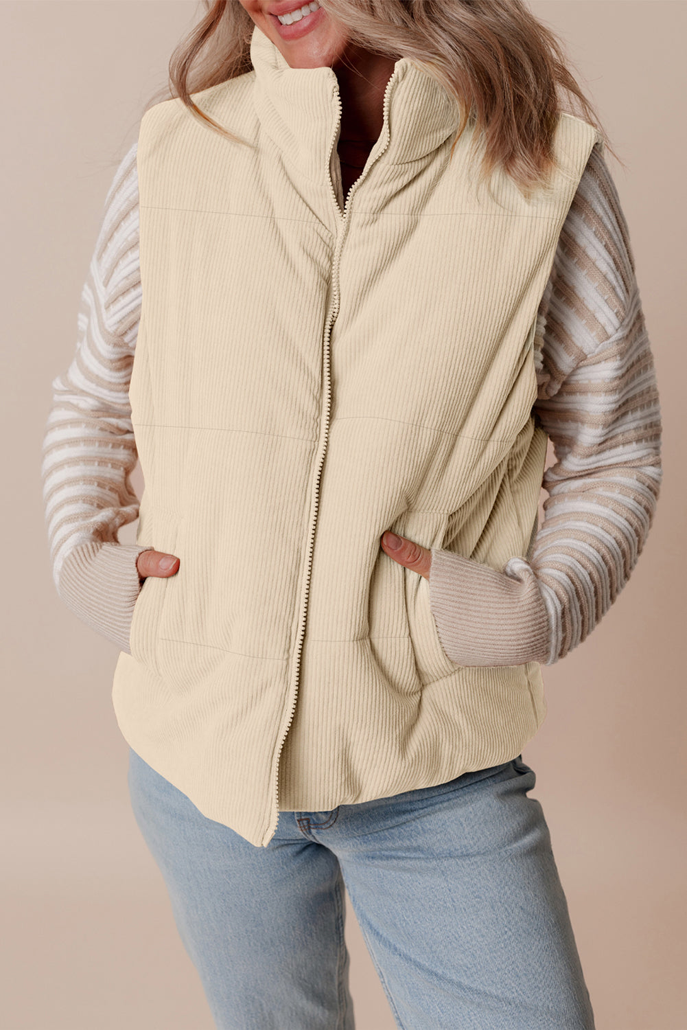 Scottie Solid Color Corduroy Puffer Vest Coat - Beige