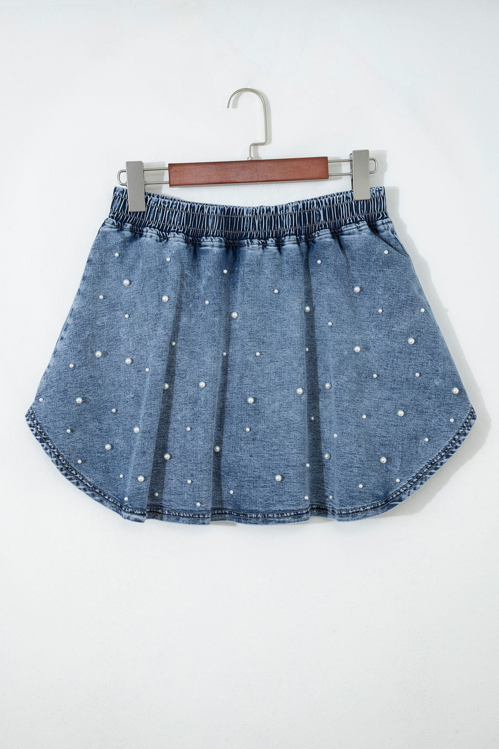 Denim Pearl Embellish Elastic Waist Mini Skort
