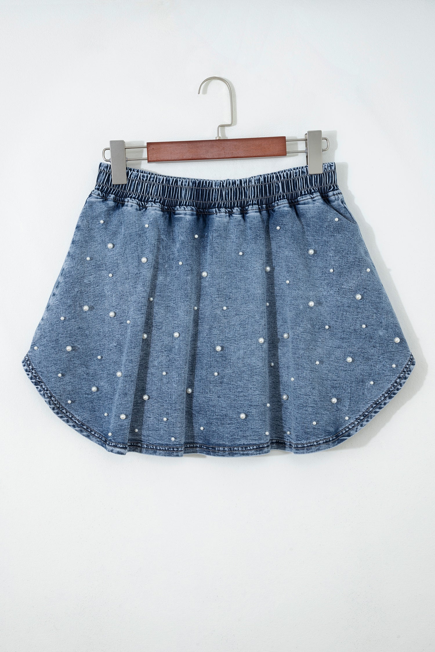 Denim Pearl Embellish Elastic Waist Mini Skort