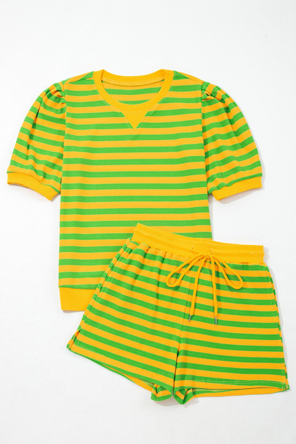 Stripe Puff Sleeve T-Shirt & Drawstring Shorts Set