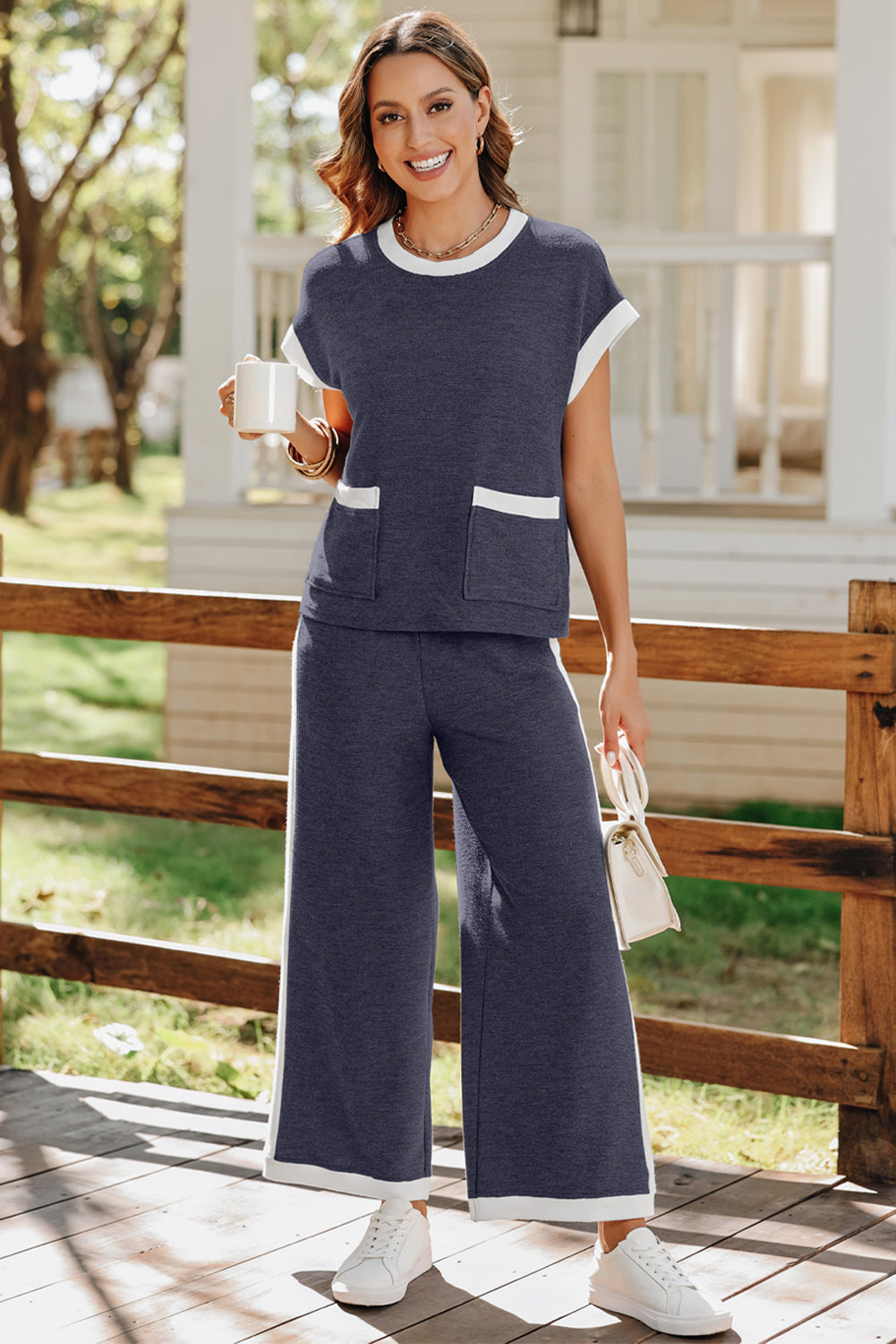 Colorblock Pocket Shirt & Wide Leg Pants Set