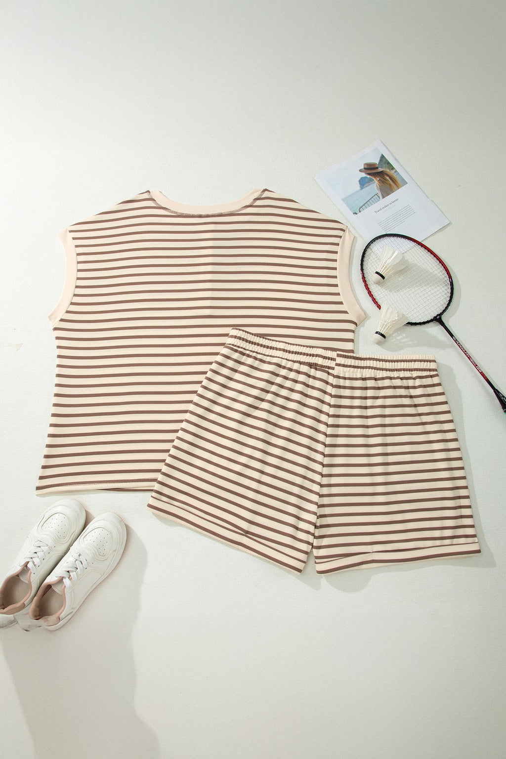 Plus Size Stripe Top & Elastic Waist Shorts Set