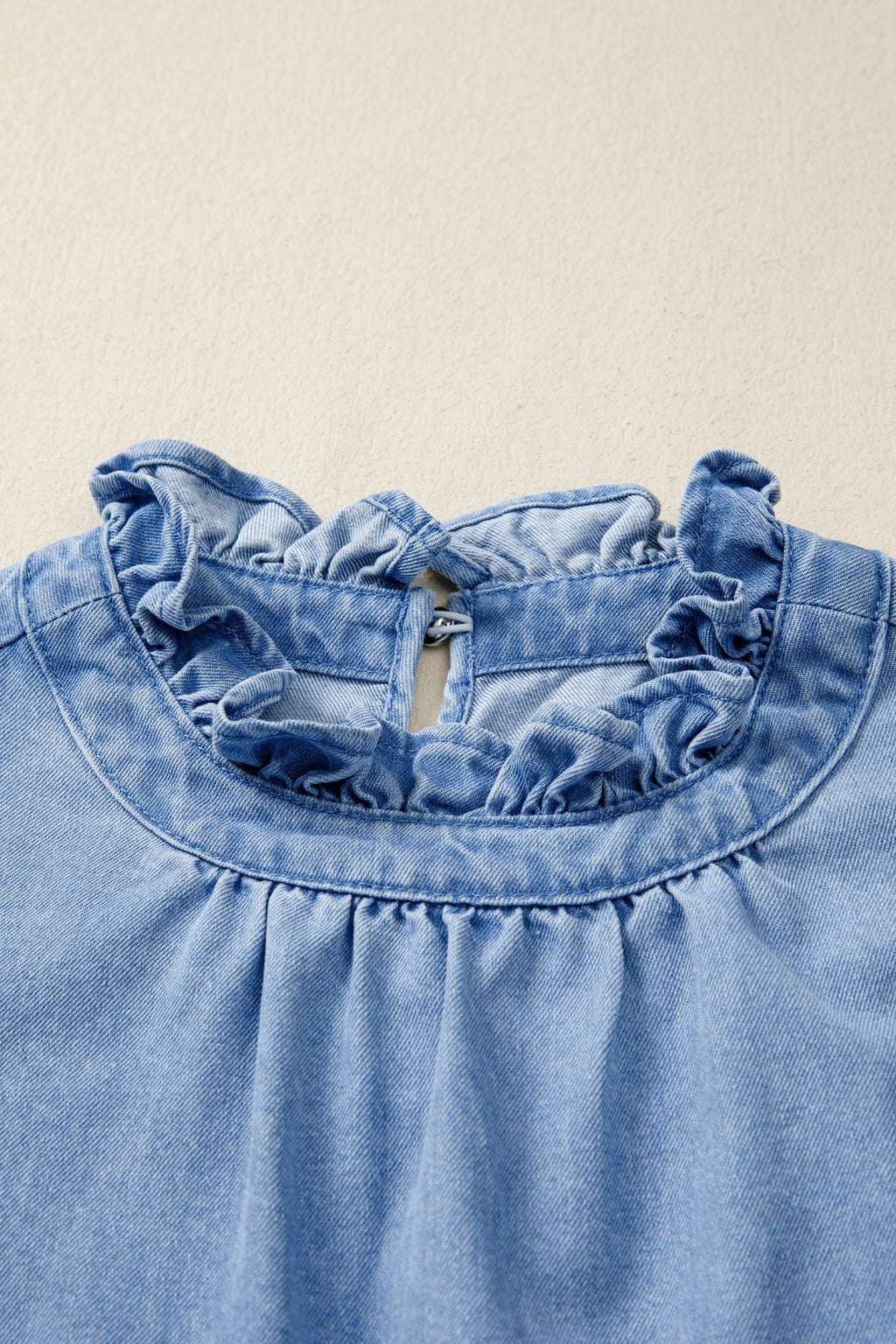 Denim Frilled Collar Flutter Sleeve Top