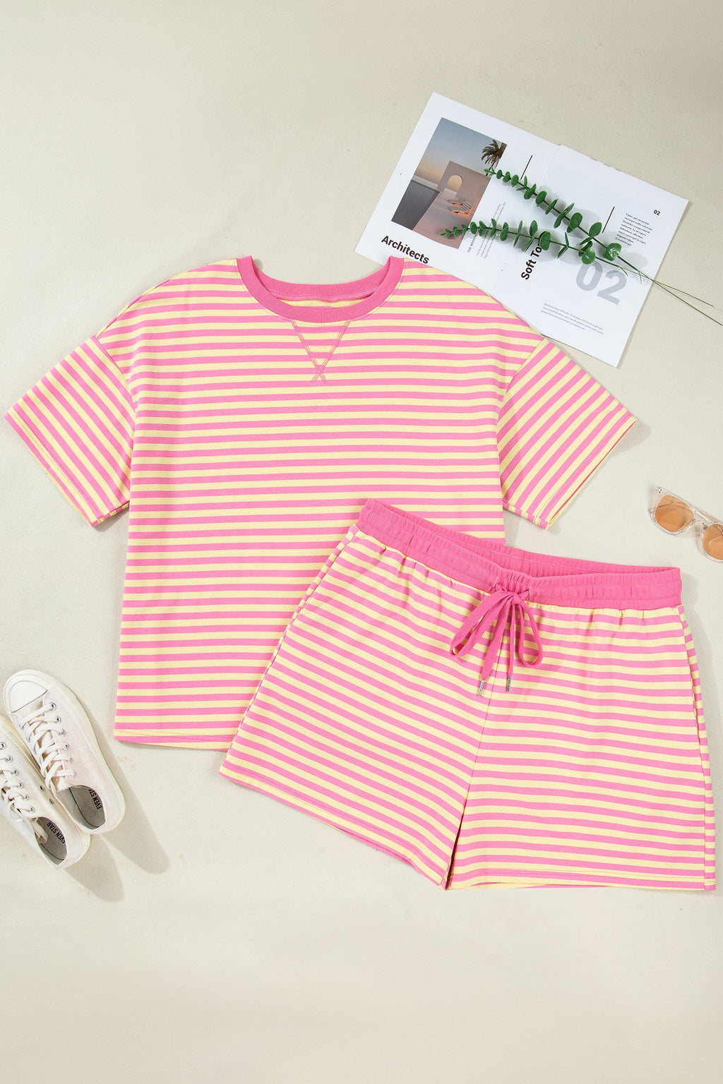 Plus Size Stripe Boxy Tee & Drawstring Short Set