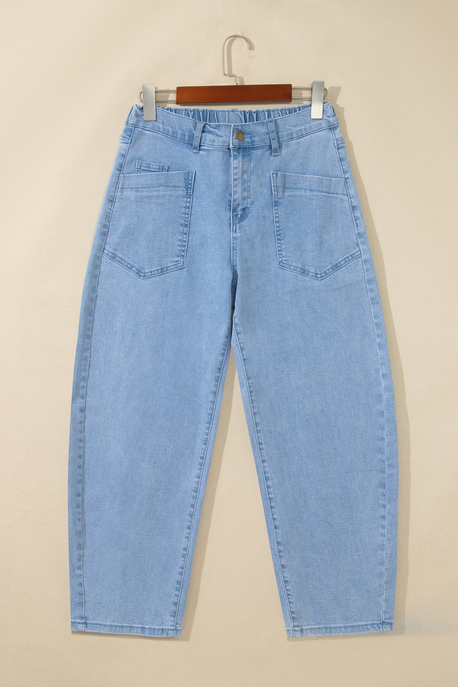 Solid Denim Square Patch Pocket Ankle Length Barrel Jeans