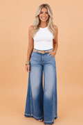 Denim Gathered Side Seam Flare Leg Pants