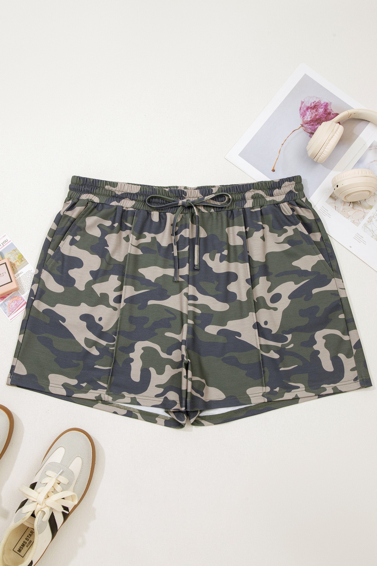 Plus Size Camo Elastic Waist Pocketed Shorts