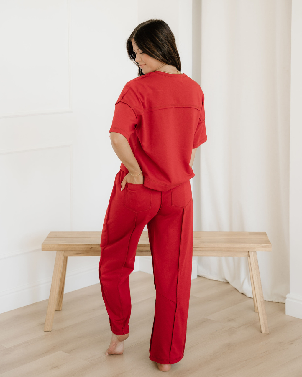 Drop Shoulder Boxy Tee and Barrel Pants Set  - Racing Red