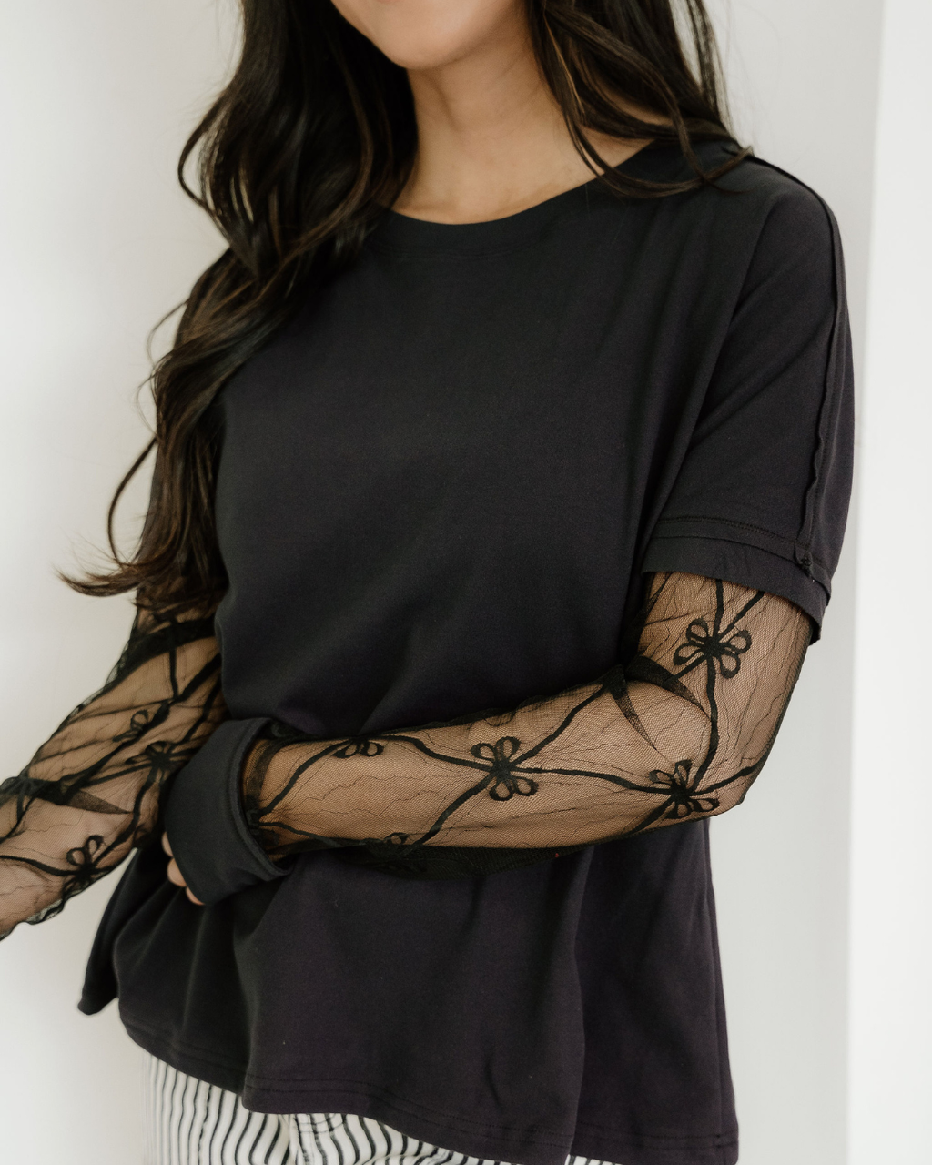 Lace Layered Long Sleeve Tee - Black