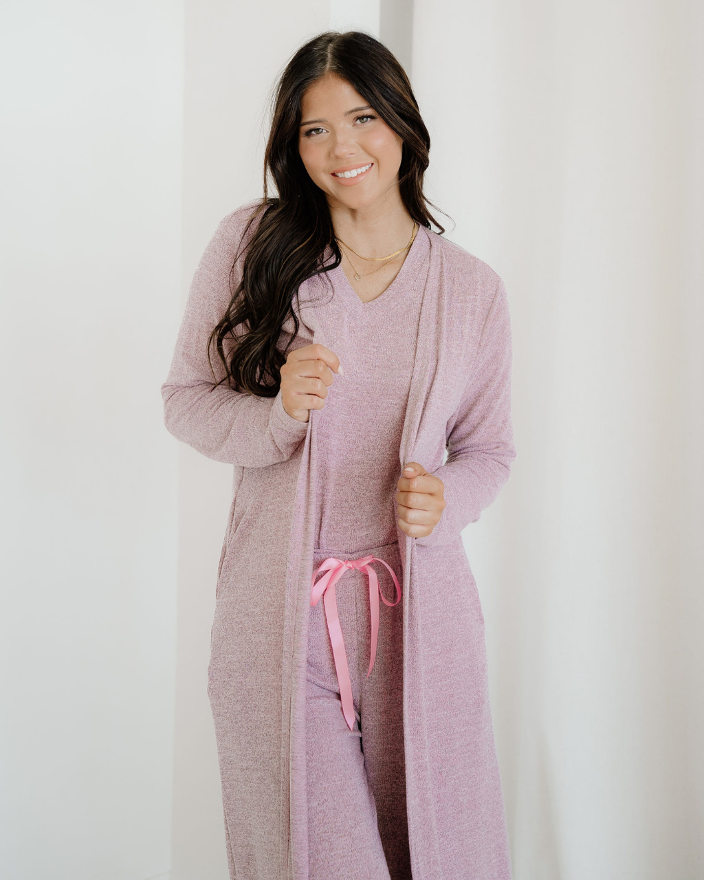 Maggie 3pcs V Neck T Shirt Ribbon Knot Pants Open Duster 3pcs Lounge Set - Rose
