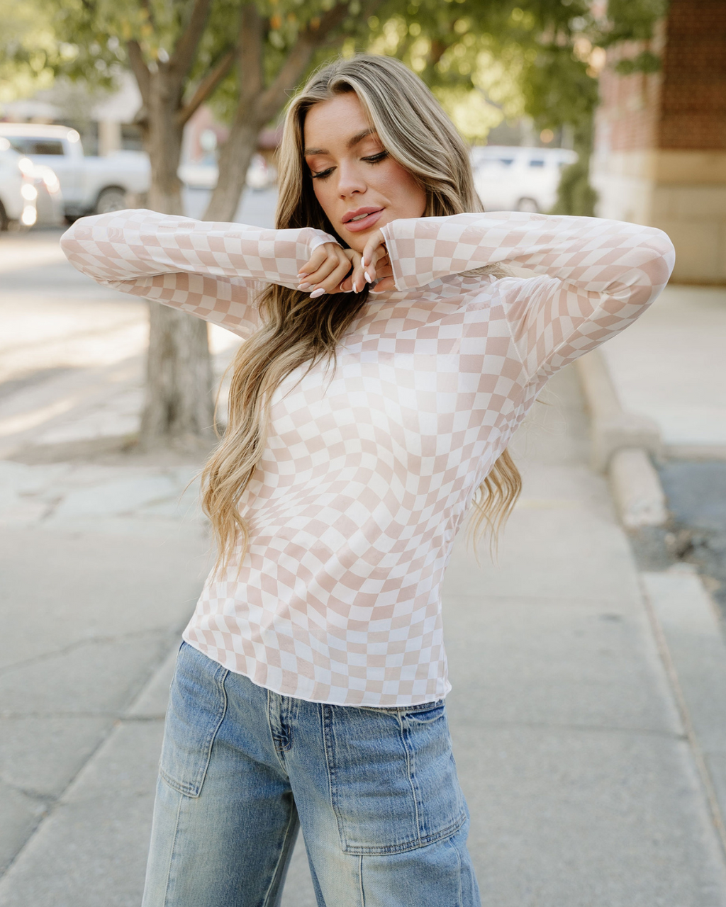 Sheer Checkered Top - Khaki