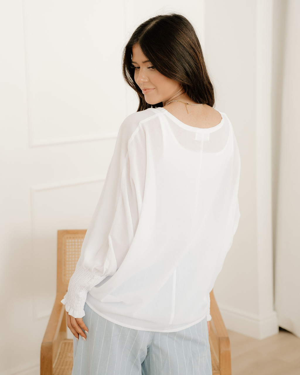 Marley Smocked Cuffs Semi Sheer Long Sleeve Dolman Blouse