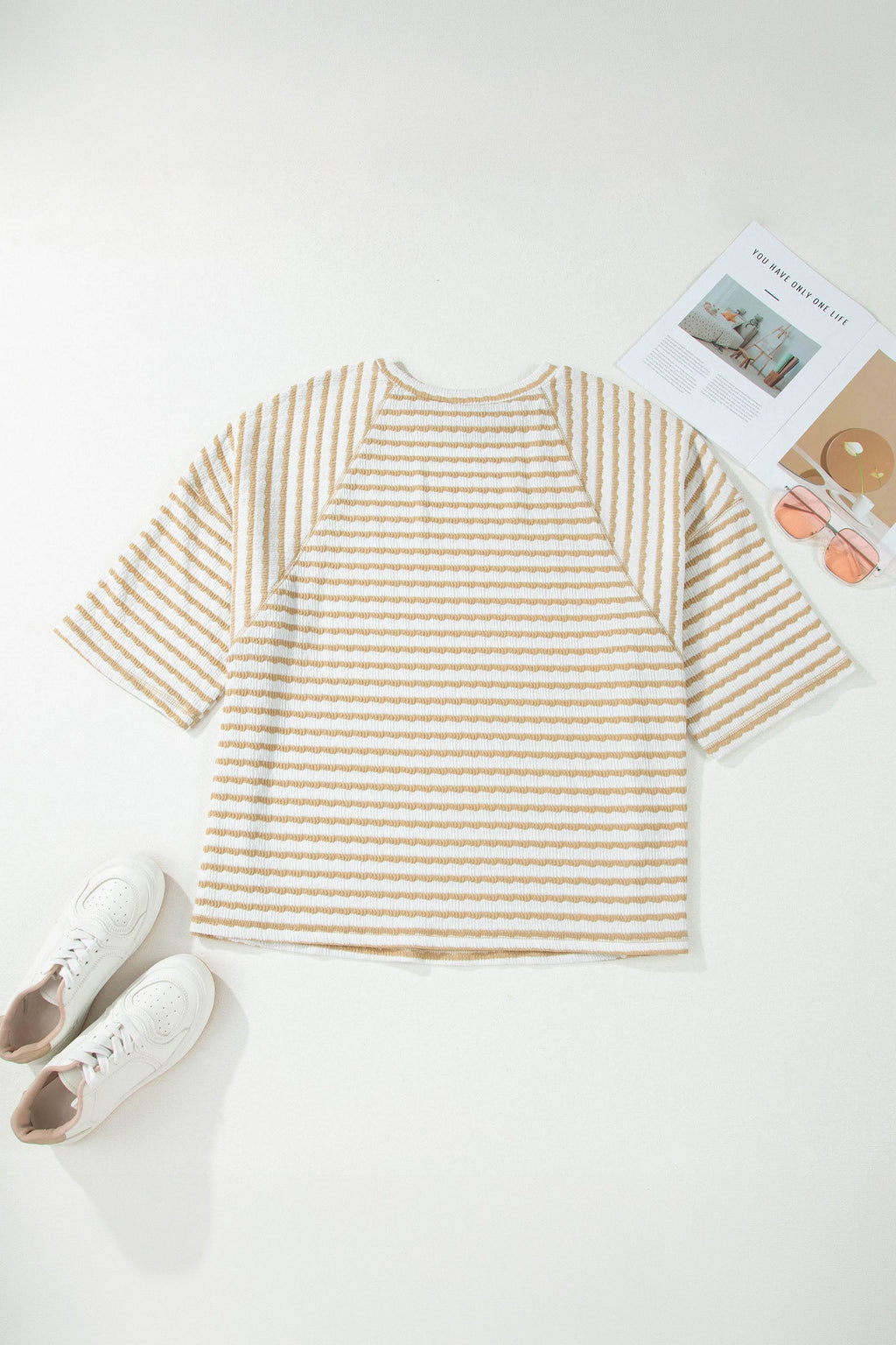 Plus Size Stripe Textured Patchwork 3/4 Sleeve Top