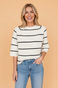 Stripe Ribbed Knit 3/4 Sleeve Sweater Tee