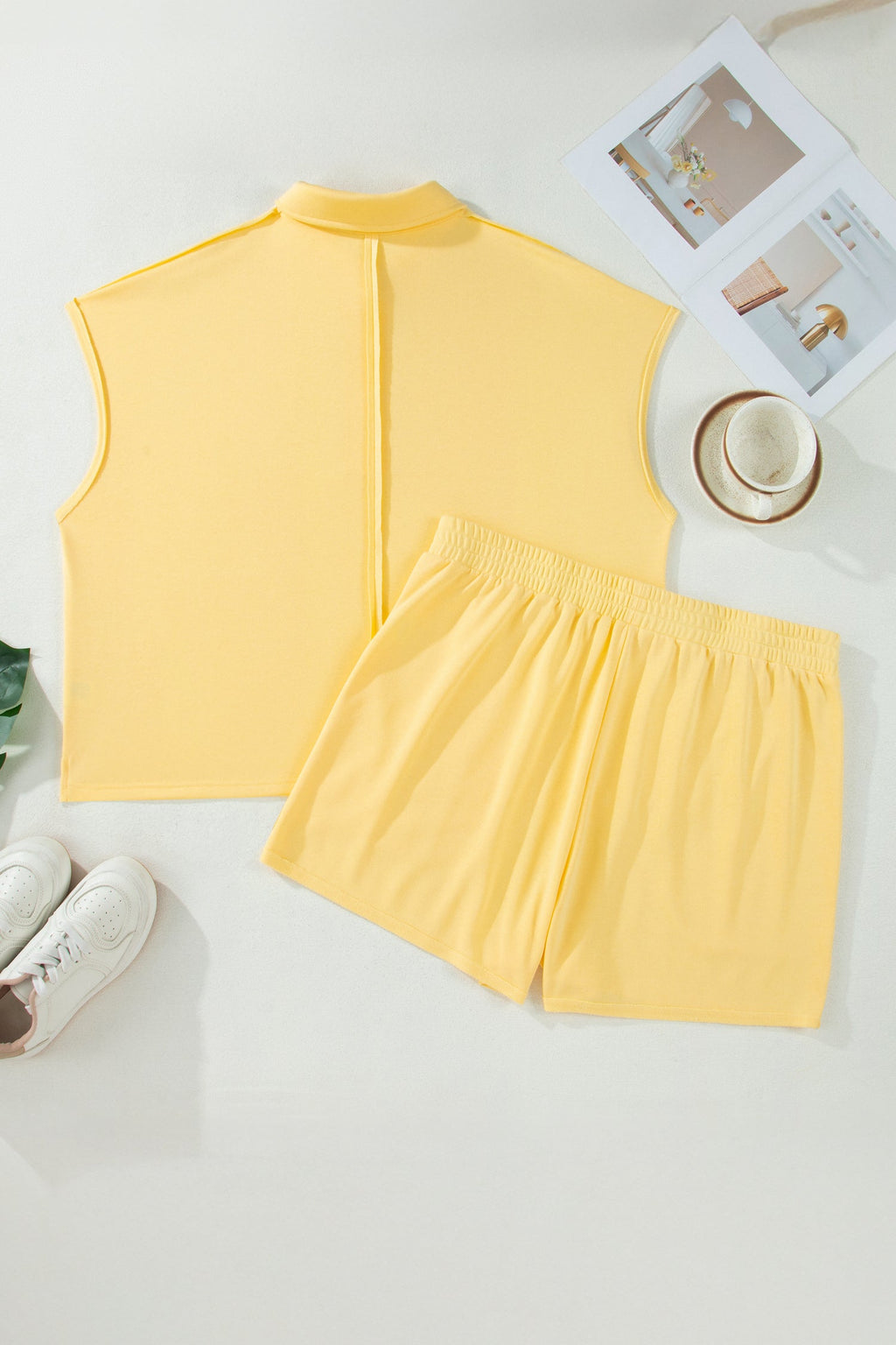 Plus Size Solid Polo Tee & Elastic Waist Shorts