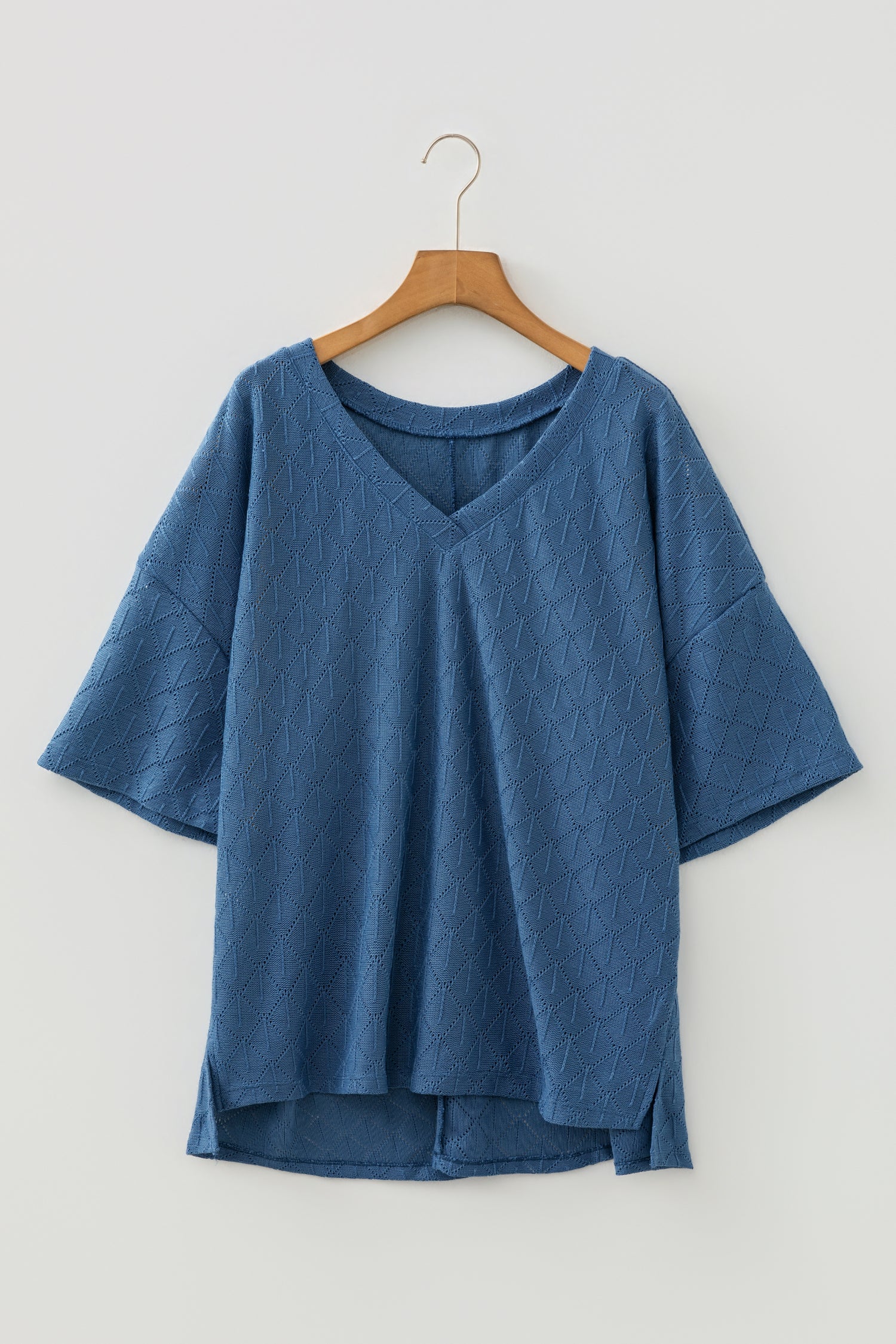 Plus Size Solid Pointelle Knit Rhombus V-Neck Top