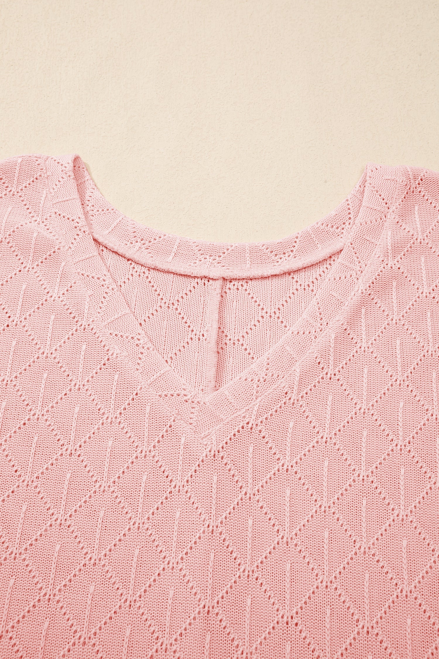 Plus Size Solid Pointelle Knit Rhombus V-Neck Top