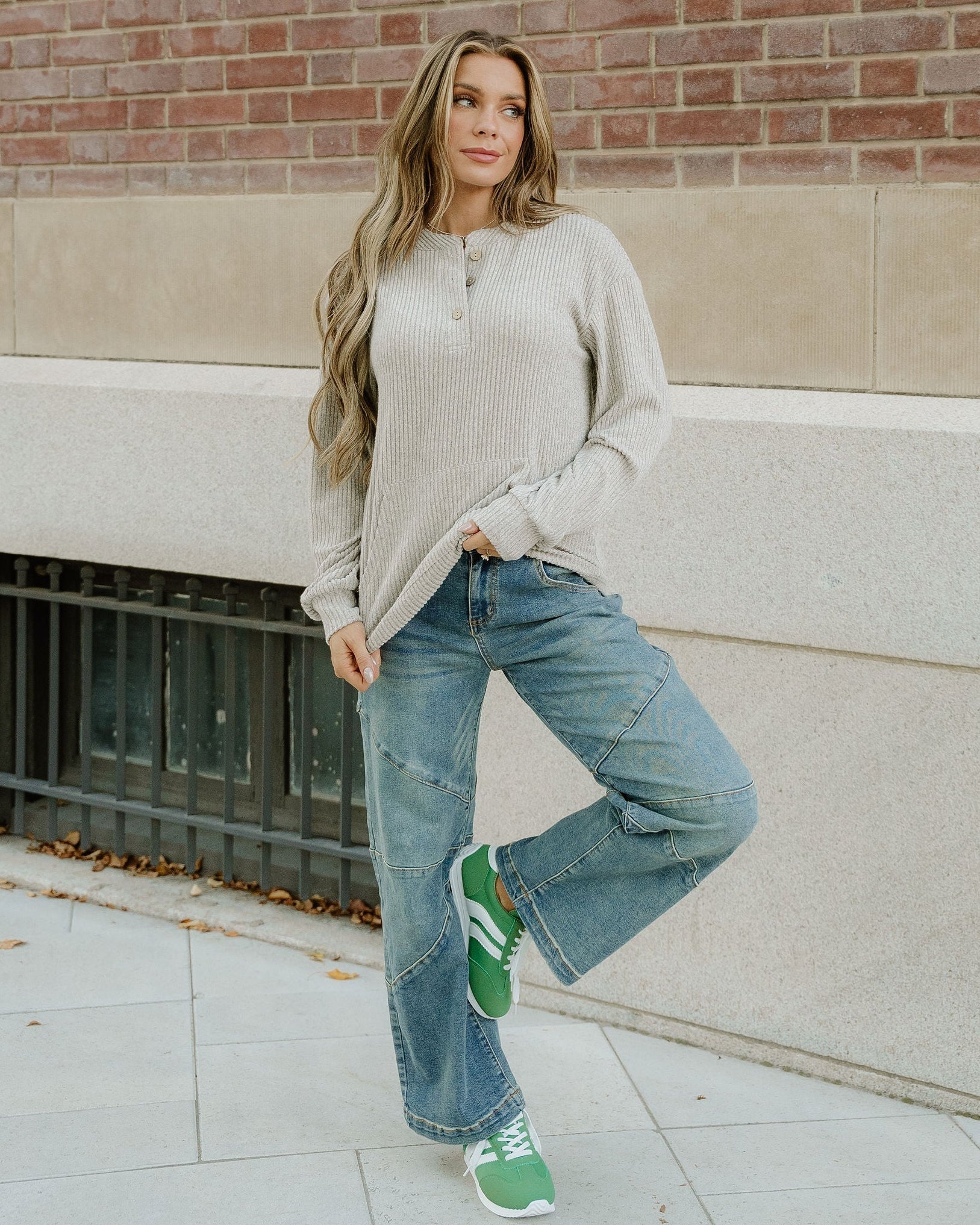Addison Ribbed Texture Drop Shoulder Henley Knit Top