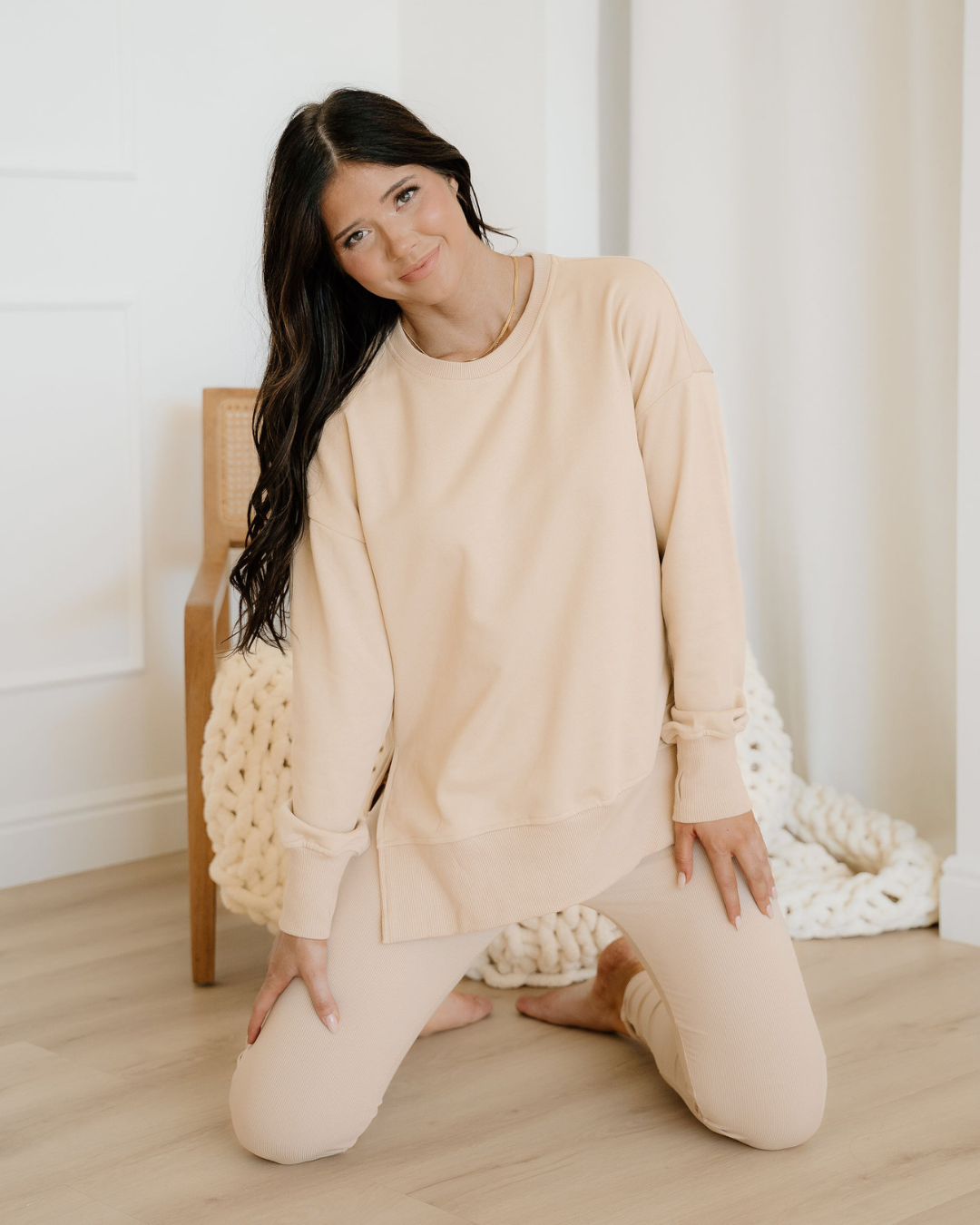 Remi Solid Color Oversize Slit Sweatshirt Ribbed Leggings 2pcs Set - Jet Stream
