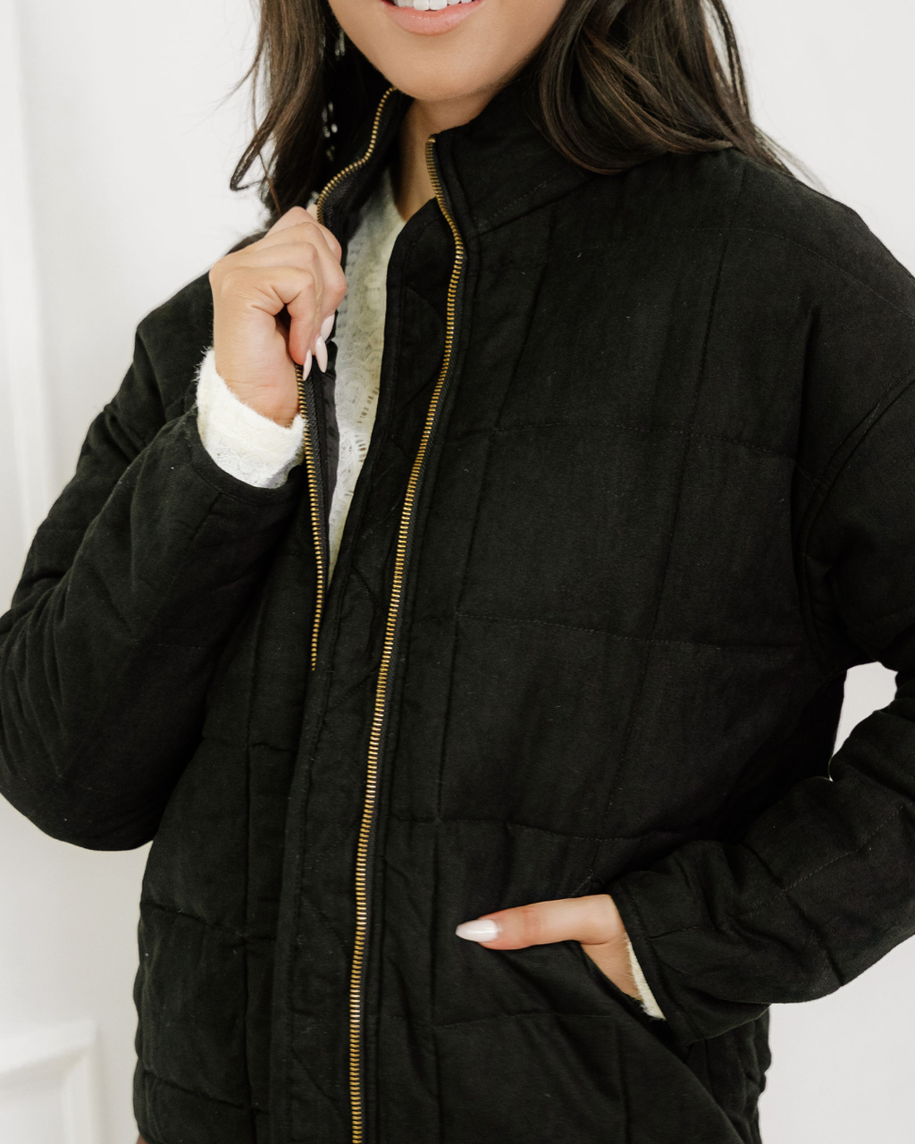 Georgie Zip-Up Pocket Quilted Jacket - Black