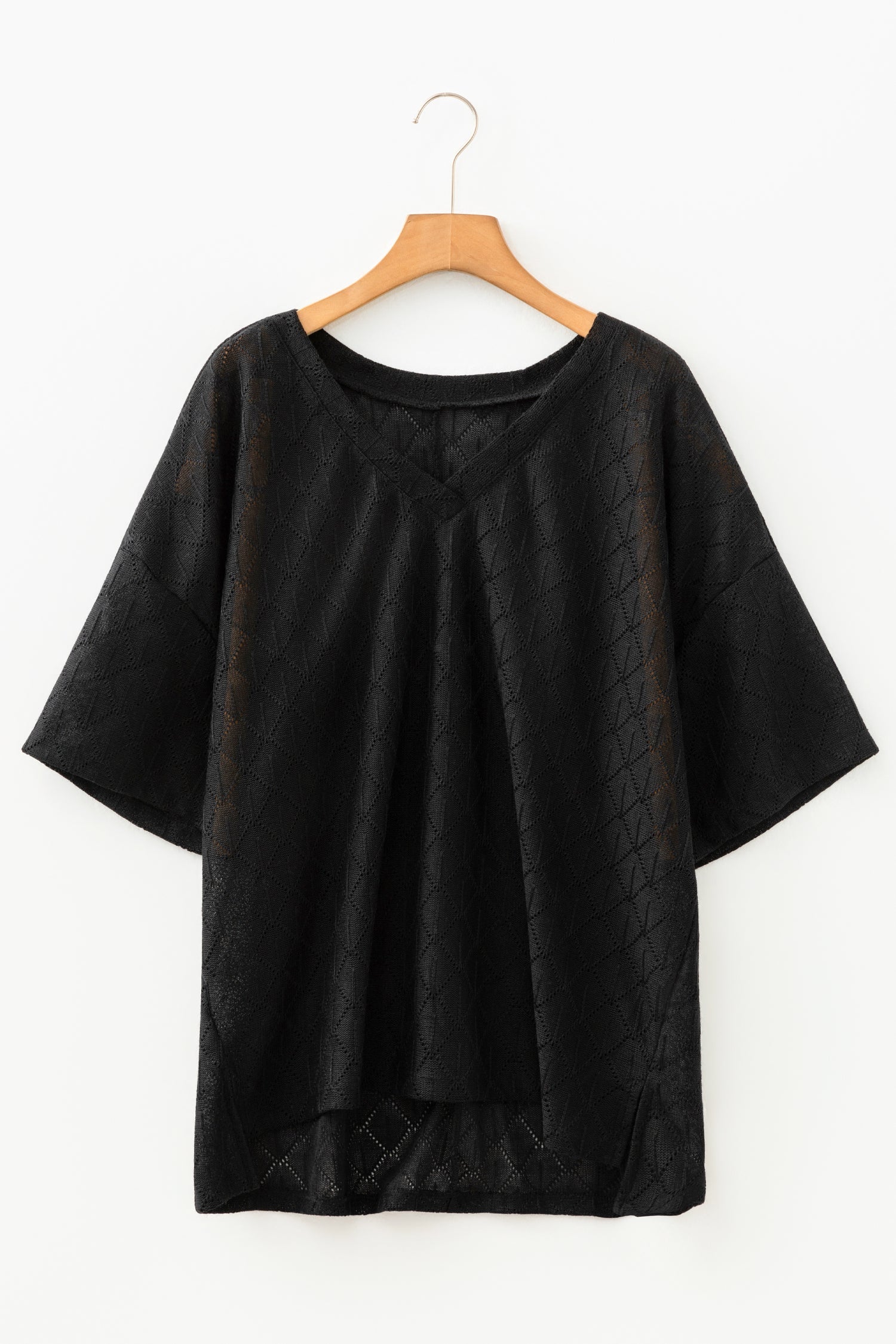 Plus Size Solid Pointelle Knit Rhombus V-Neck Top