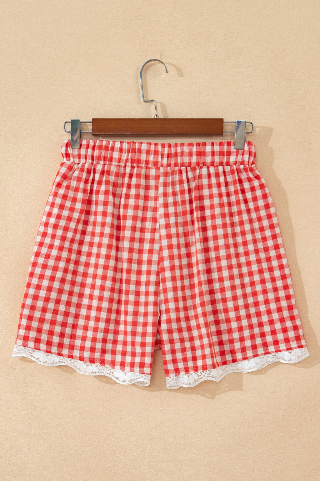 Gingham Plaid Tie Waist Lace Hem Shorts