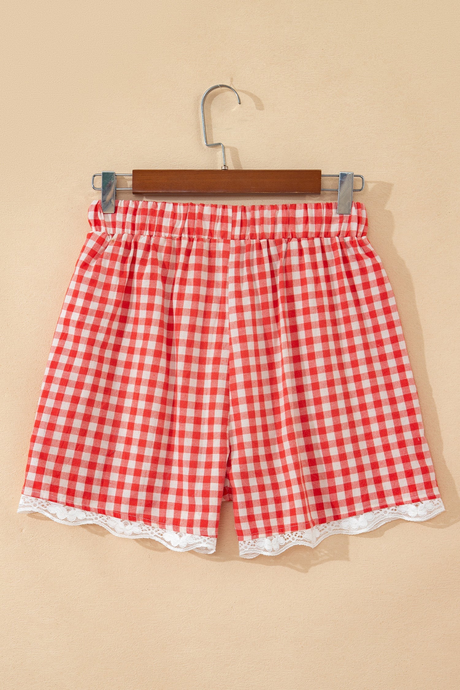 Gingham Plaid Tie Waist Lace Hem Shorts