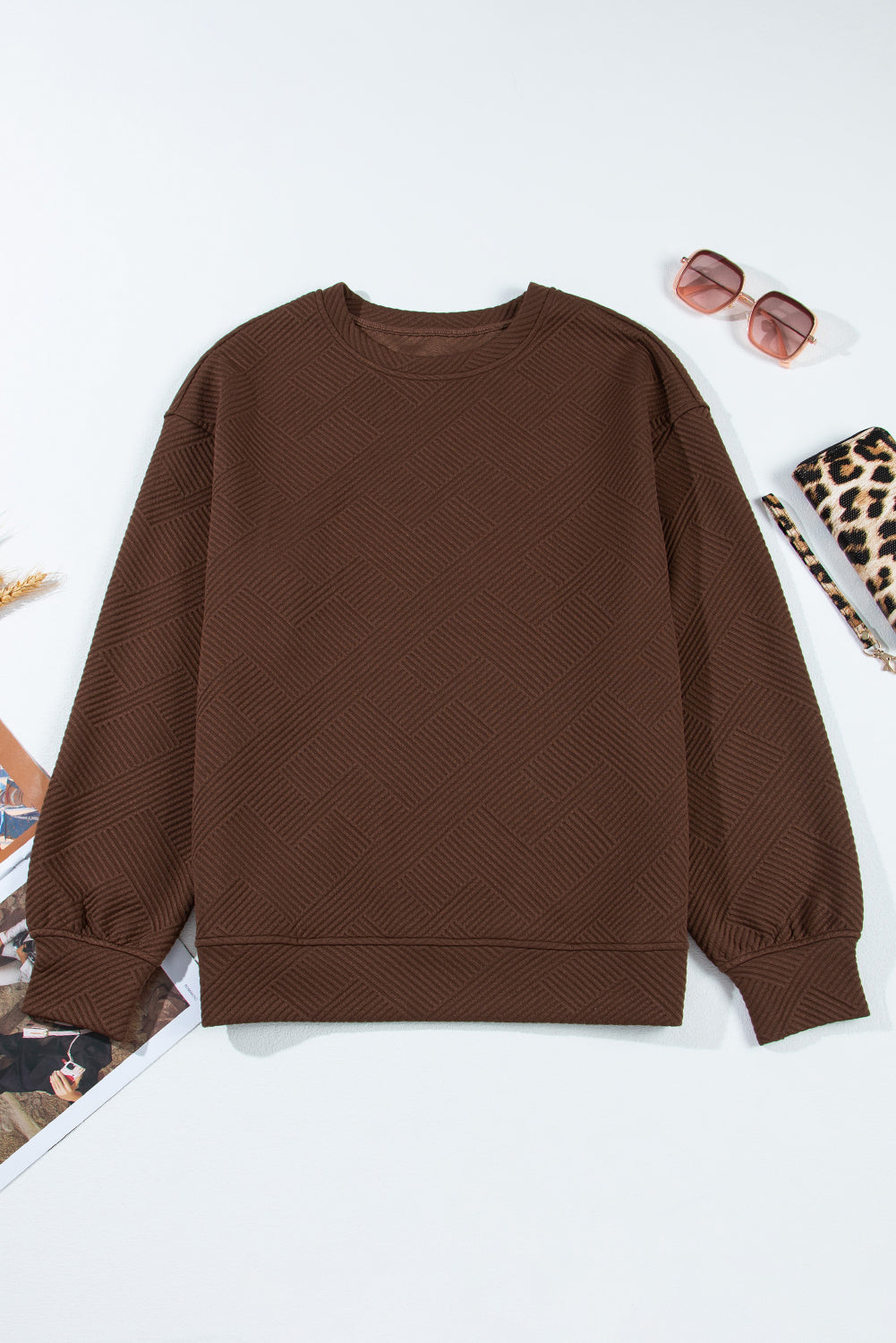 Solid Textured Drop Shoulder Sweatshirt w/ Pockets